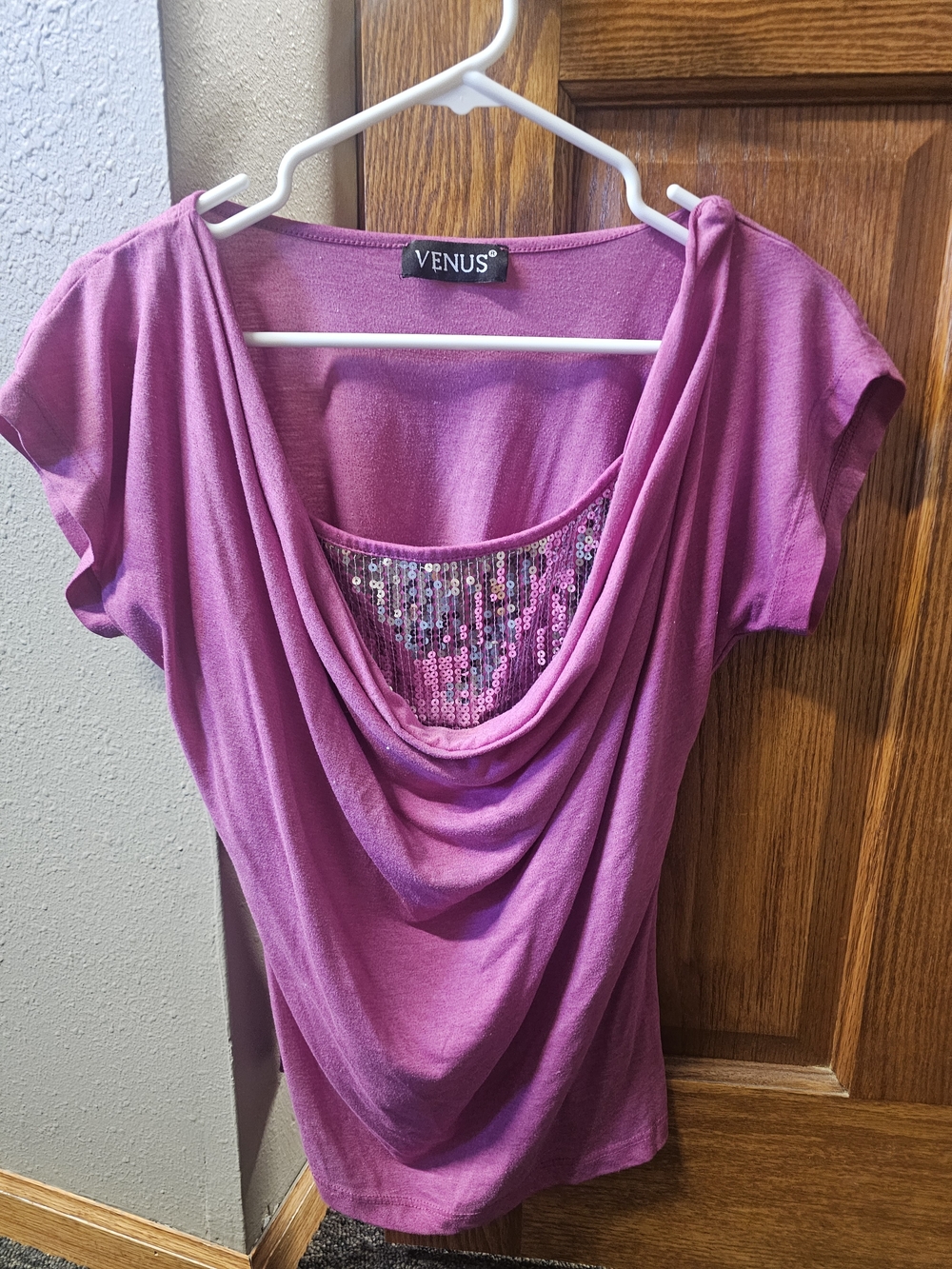 VENUS Pink Draped Cowl Neck Short Sleeve Top with Sequin Inset